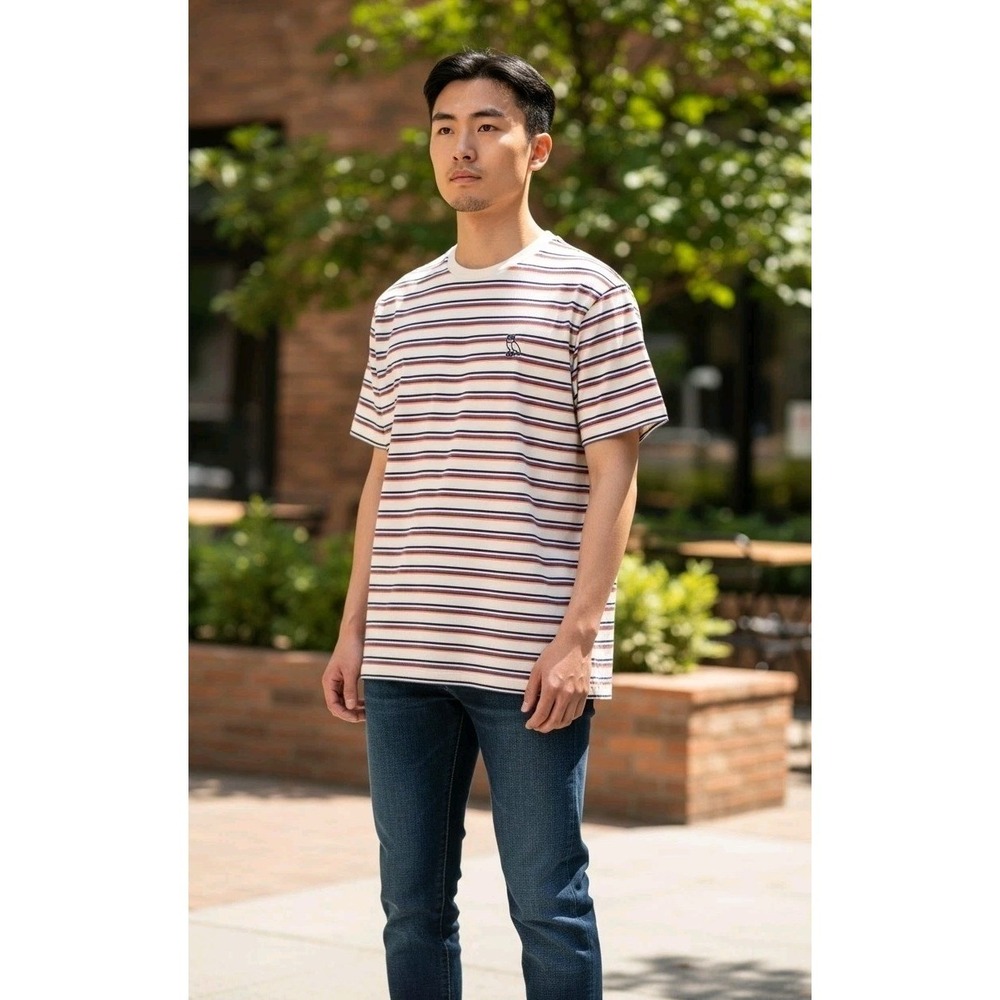 OVO Octobers Very Own Striped T-Shirt Mens L Cream Multi Color Owl Logo SS